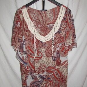 Cha Cha Vente Red and Blue Paisley Blouse with Crochet Neckline